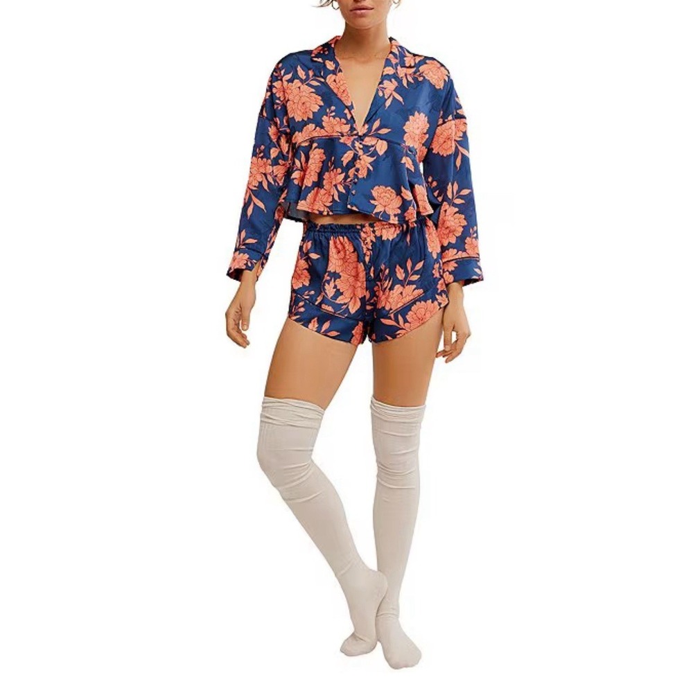 Free People Beauty Sleep Satin Floral Print Long Sleeve Shorty Pajama Set Sz L